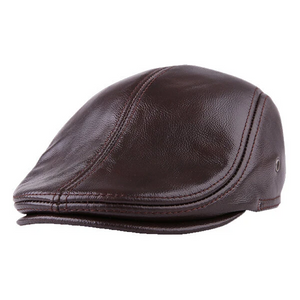 Herren Vintage echte Rindsleder Baskenmütze Kappen Ohrenklappen Winddichter Entenschnabel Warme schwarzbraune Hüte