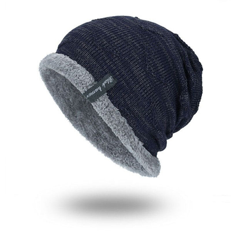 Herren Solid Color Stripe Knit Plus Velvet Fashion Beanie Hüte für Männer Outdoor Halten Sie warme Mützen