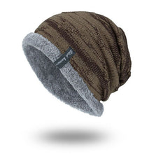 Lade das Bild in den Galerie-Viewer, Herren Solid Color Stripe Knit Plus Velvet Fashion Beanie Hüte für Männer Outdoor Halten Sie warme Mützen
